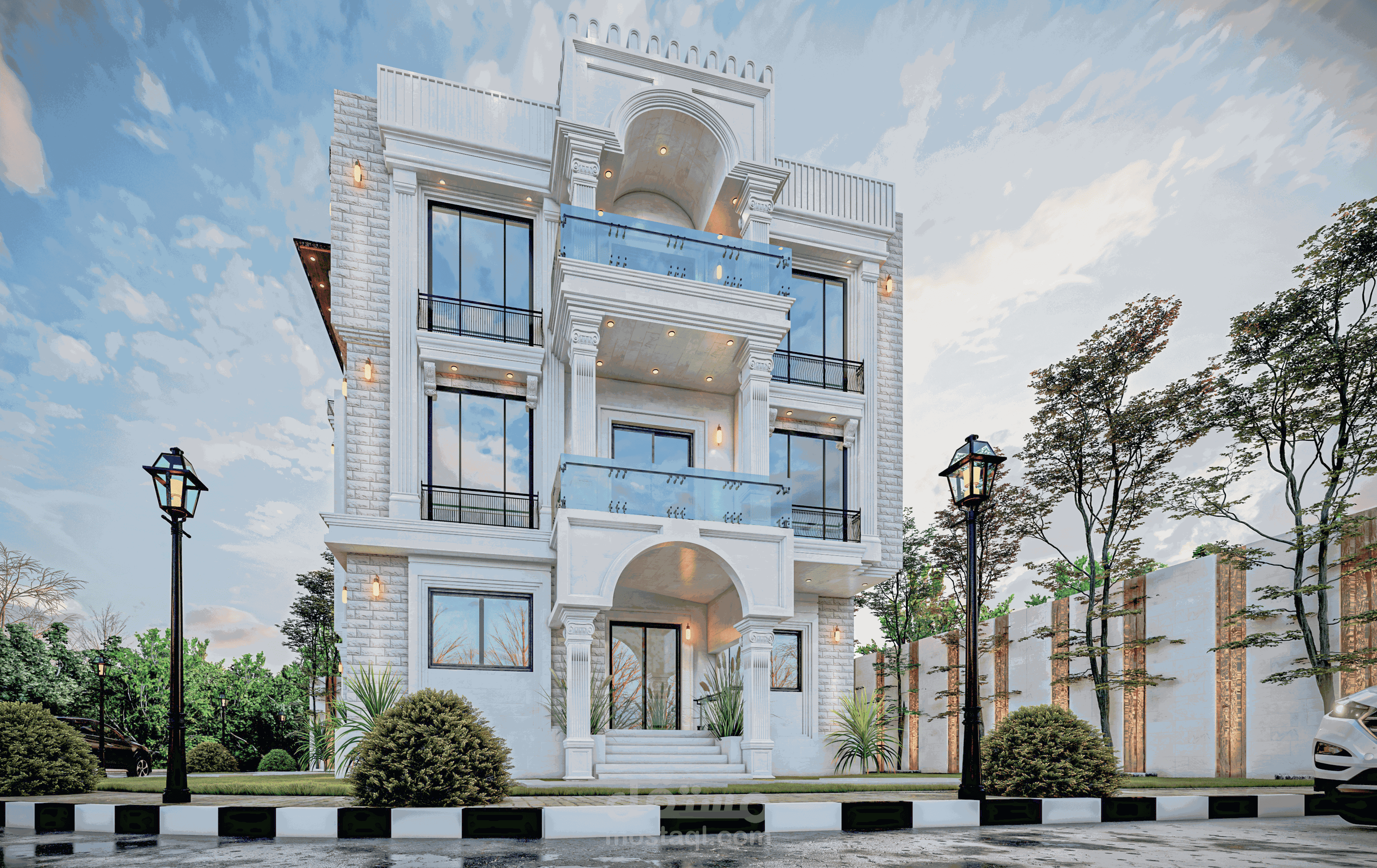 تصميم فيلا سكنية كلاسيكية فاخرة – واجهة معمارية مع ريندر واقعي عالي ...