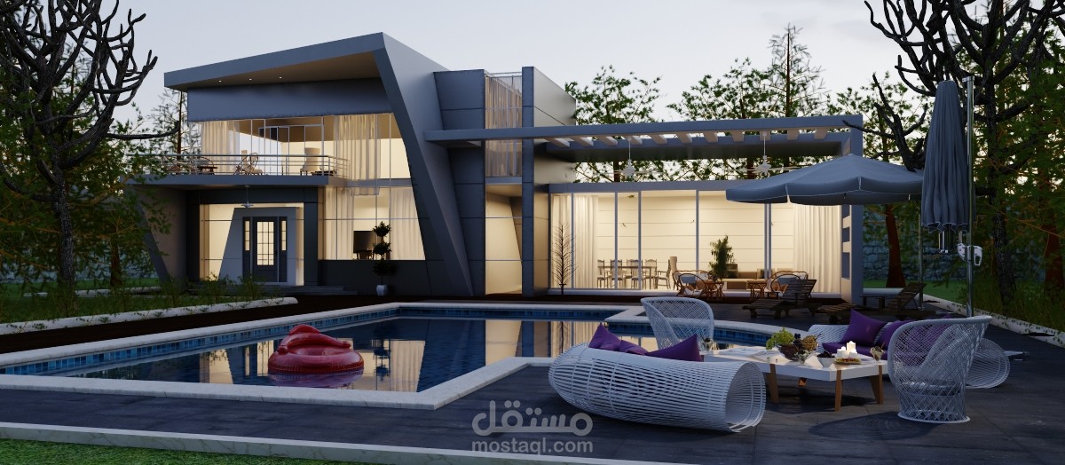 ريندر واظهار معماري لواجهة فيلا سكنية