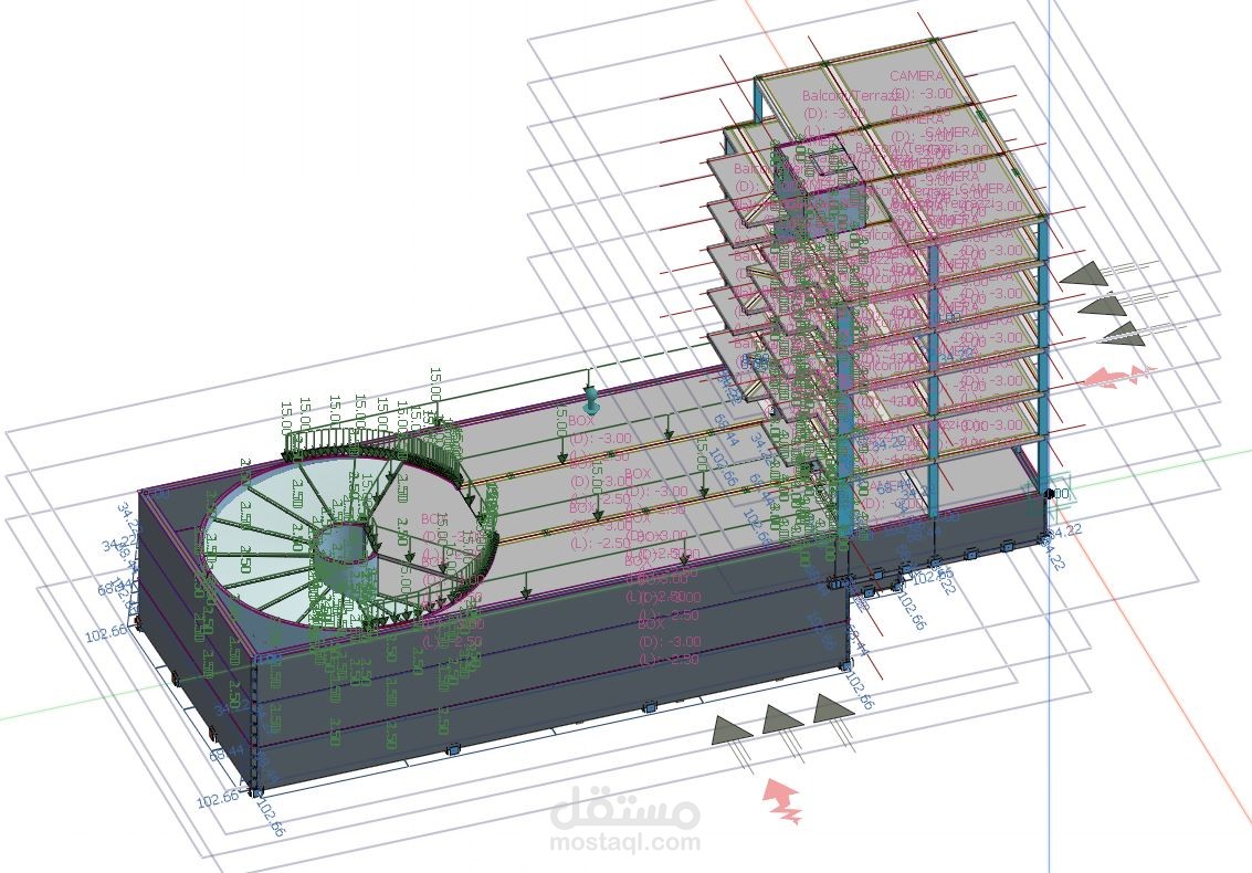 تصميم انشائي عمارة سكنية 6 متكرر + 3 بدروم جراج