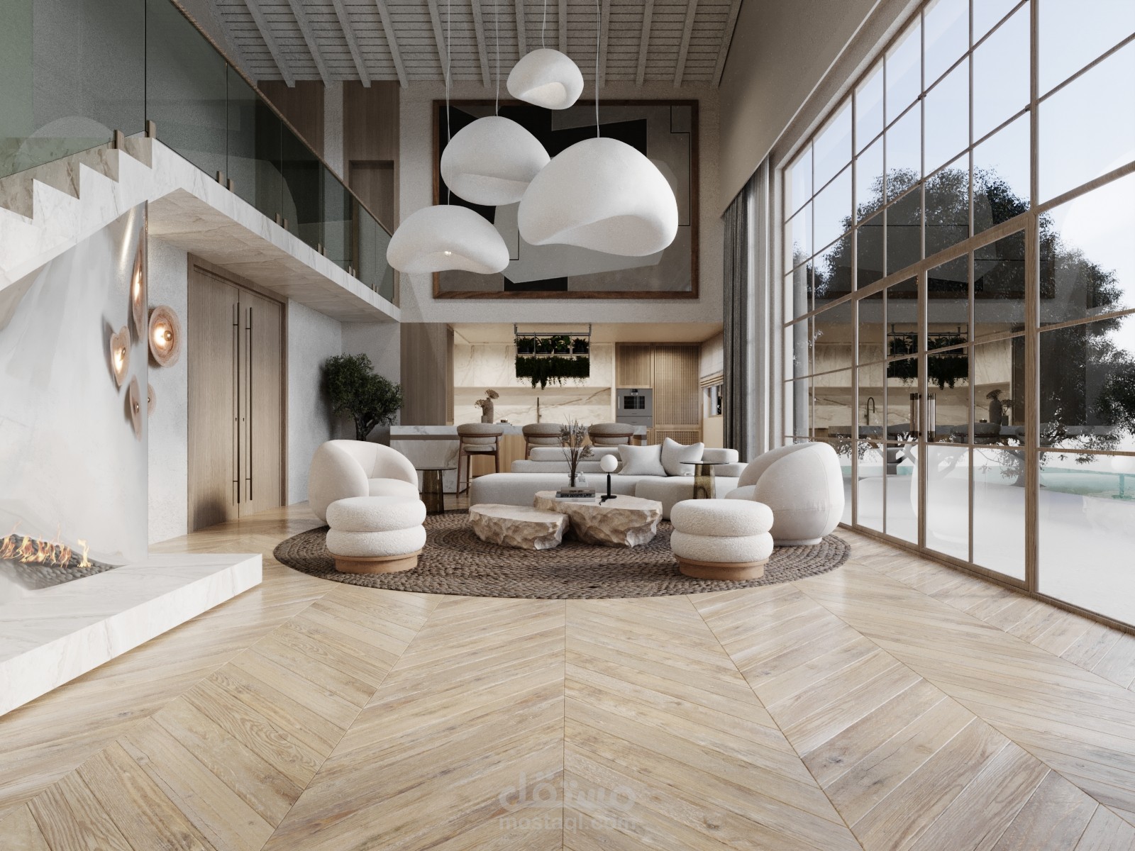 صالة معيشة مع مطبخ مفتوح ضمن مزرعة في الكويت