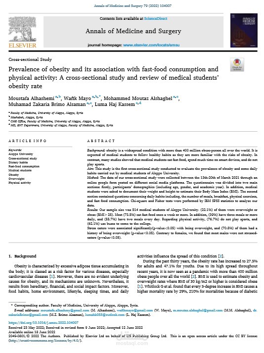 Research study - Cross sectional - Obesity Prevalence and its Risk Factors