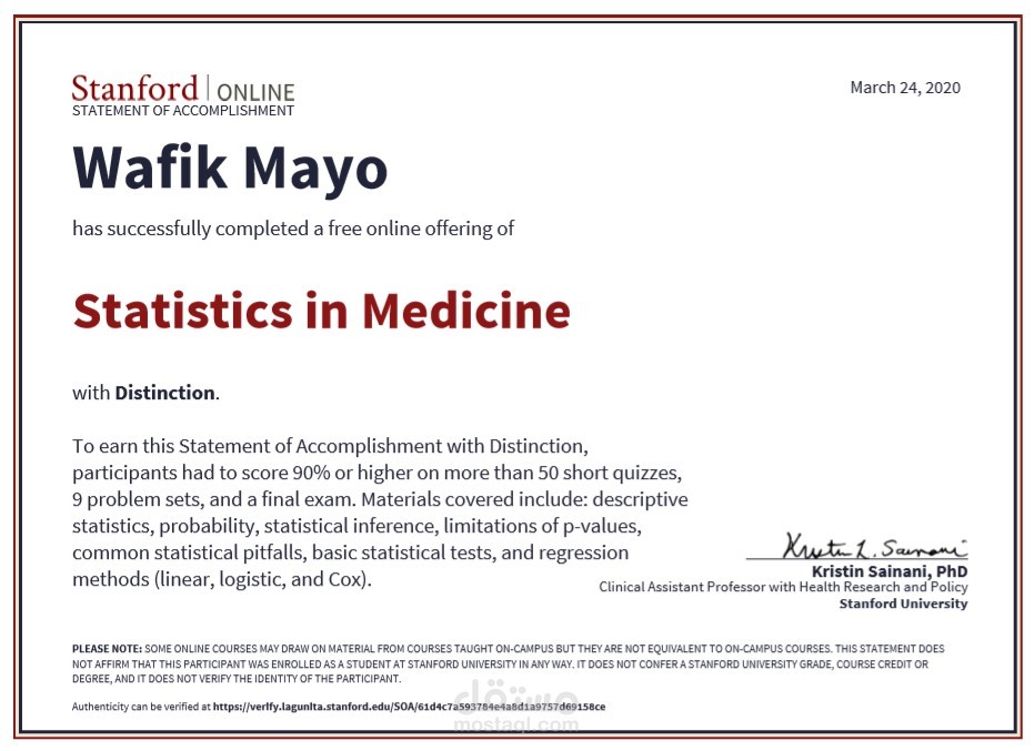 Statistics in Medicine course - Stanford University - Certificate