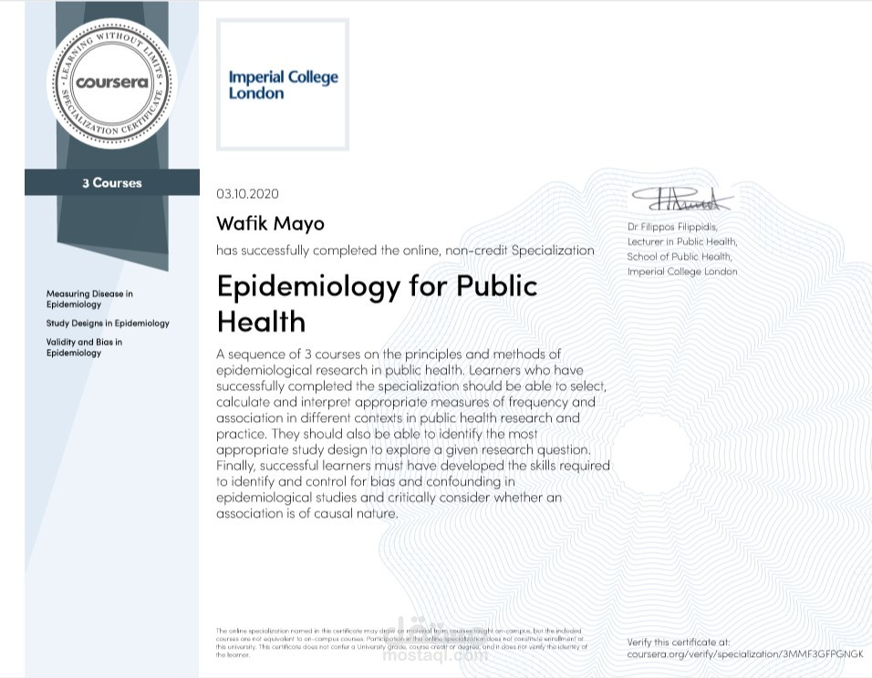 Epidemiology for Public Health Specialization - Imperial College London