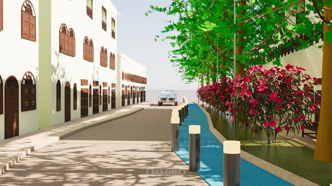 تصميم خارجي متكامل لشارع تراثي مع مناطق مفتوحة للتنزه والخدمات