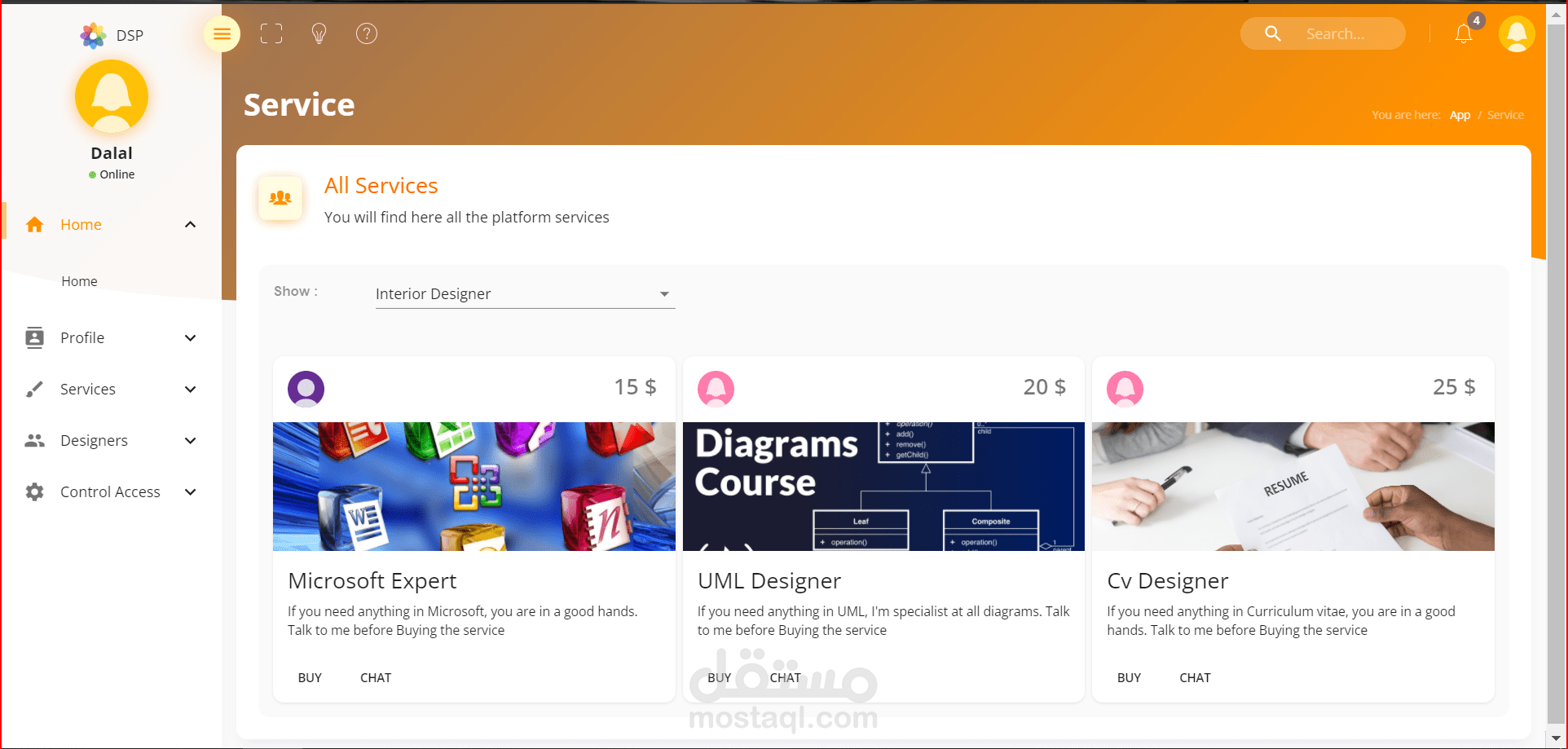 تصميم موقع لعرض و لبيع خدمات التصميم React JavaScript Spring Boot Java Rest MongoDB