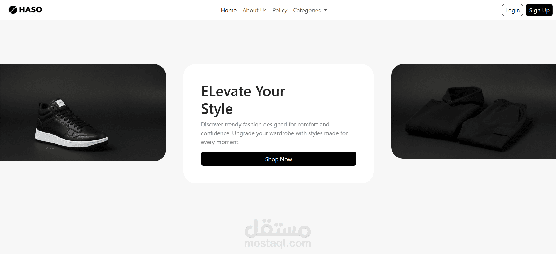 موقع HASO – متجر ملابس شبابي تجريبي بتصميم عصري ومتجاوب باستخدام HTML, CSS, Bootstrap, وJavaScript