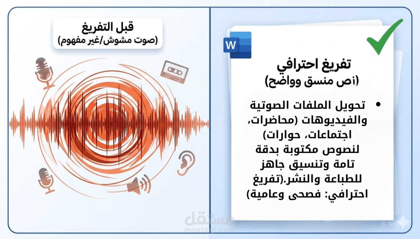 تفريغ صوتي دقيق مع التنسيق والتدقيق اللغوي