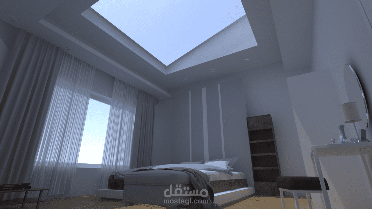 تصميم داخلي لغرفة نوم بطابع بسيط ومصادر إنارة متعددة