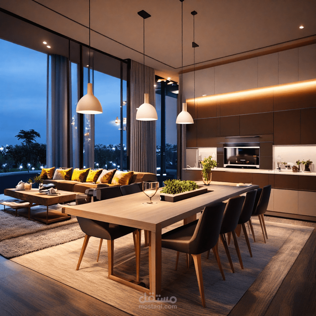 تصميم داخلي مودرن لصالون مع ركن تقديمي للطعام