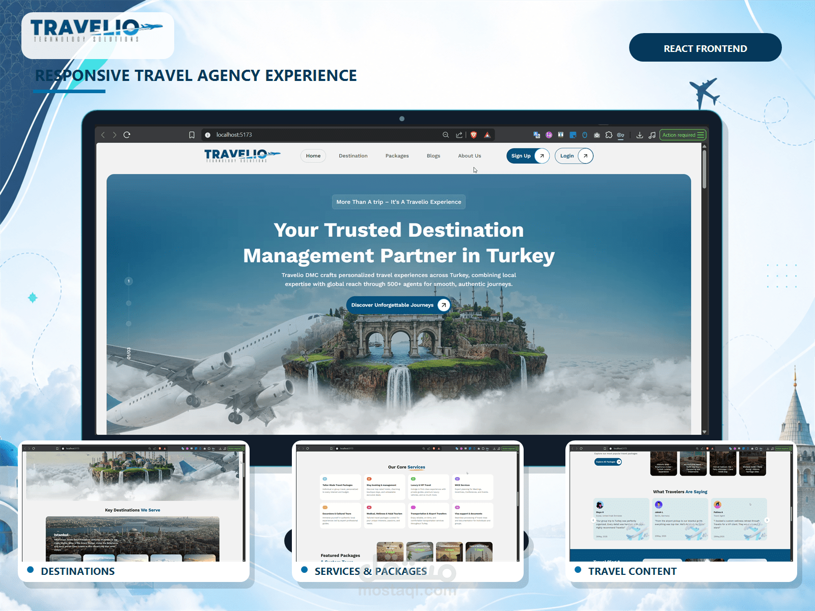 تطوير واجهة Travelio للسياحة والسفر