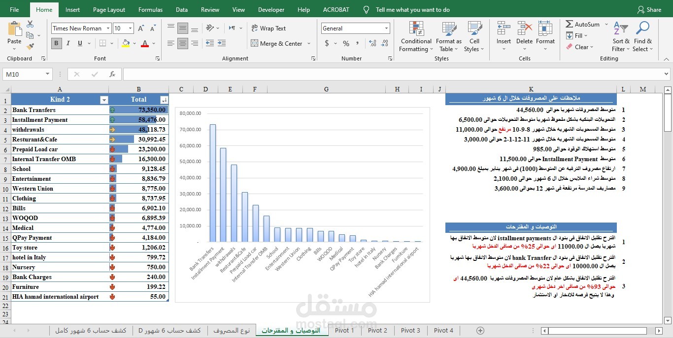 تحليل مصروفات كشف حساب 6 أشهر مع داشبورد توضيحى