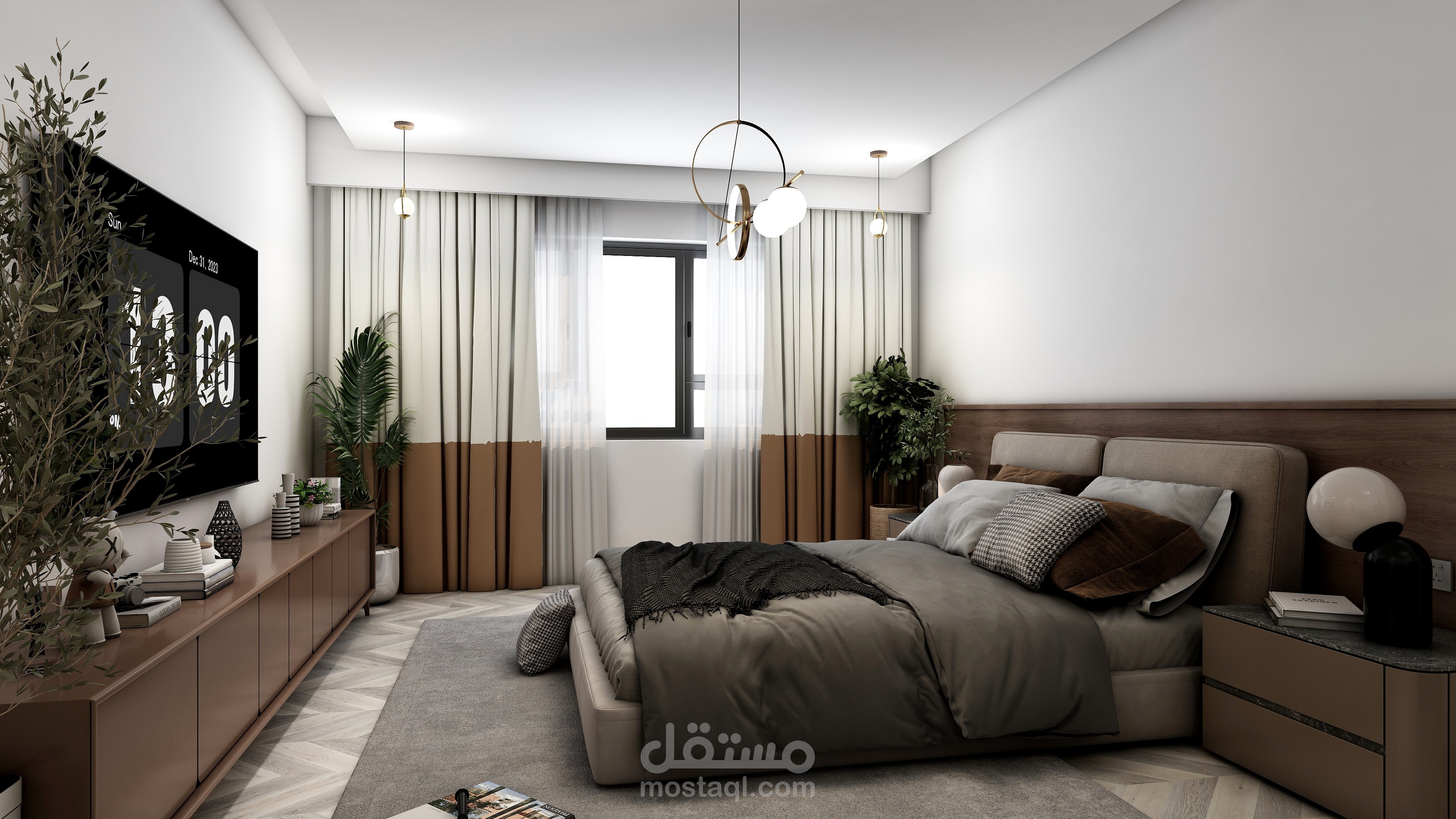 تصميم داخلي ثلاثي الأبعاد واقعي لغرفة نوم بتفاصيل وخامات احترافية
