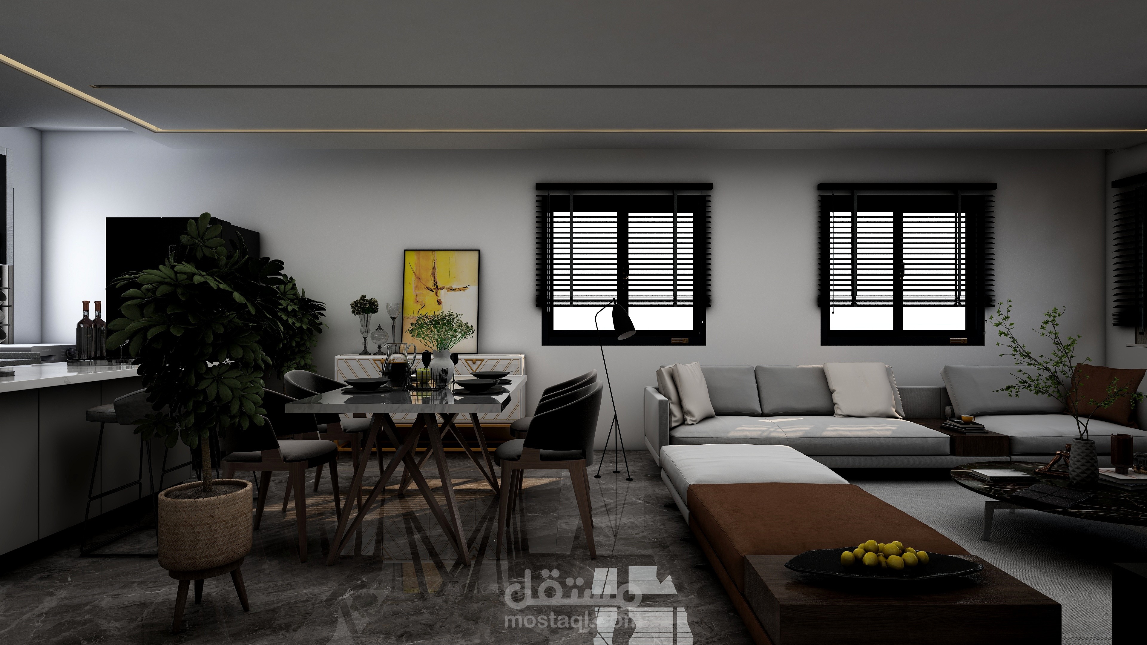 تصميم مطبخ واستقبال وغرفة طعام