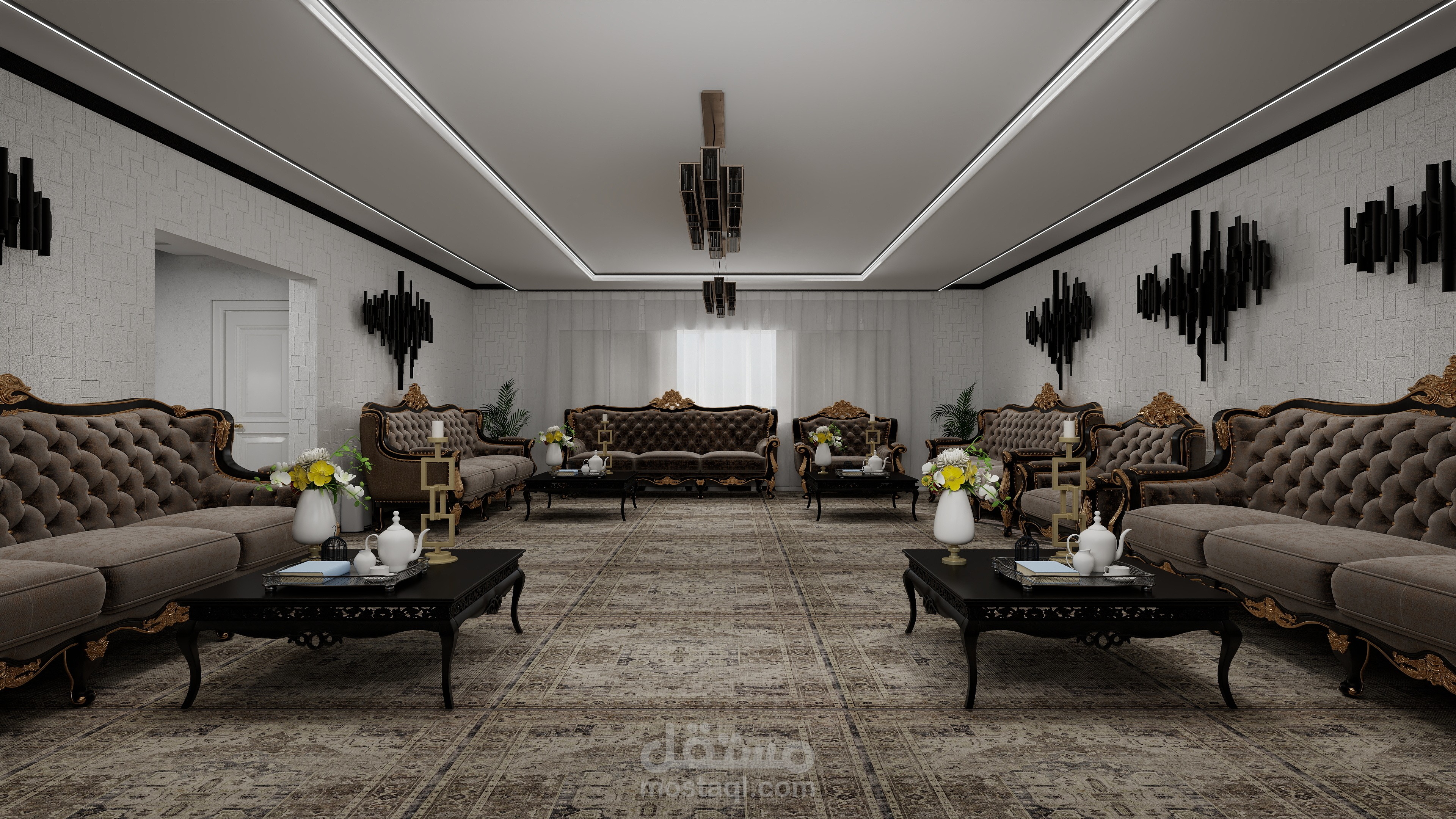 تنفيذ تصميم داخلي احترافي لـ مجلس عربي بأسلوب يجمع بين الفخامة والهوية