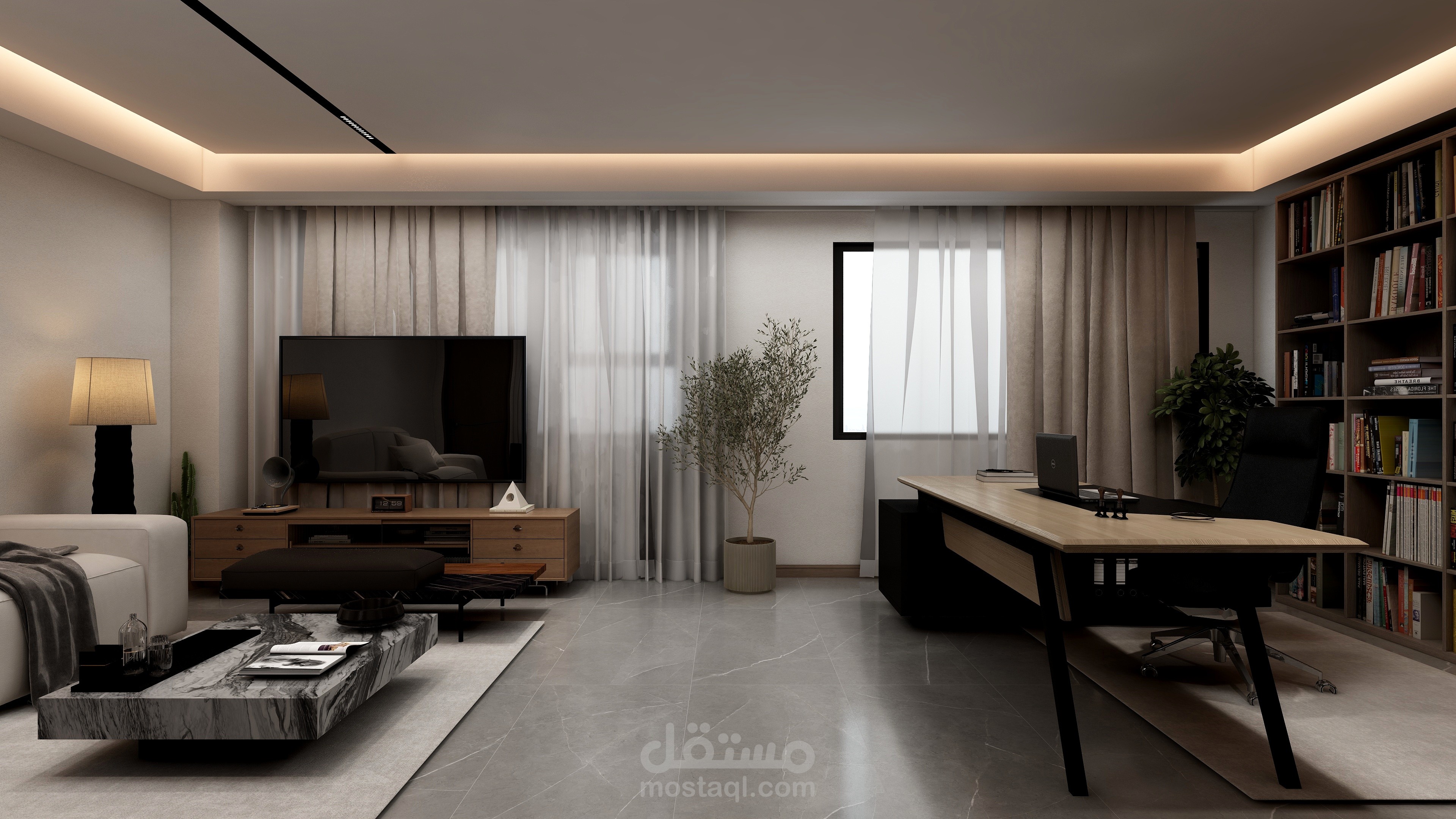 تنفيذ تصميم داخلي احترافي لـ مكتب منزلي يجمع بين العملية والجمال