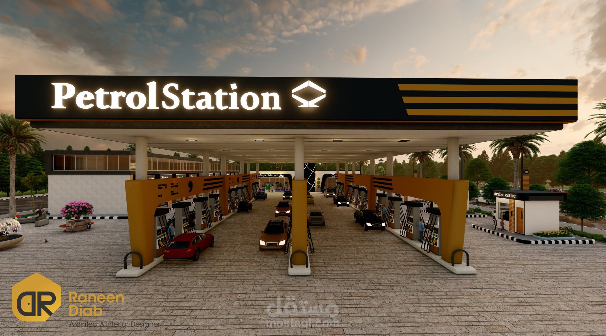 تصميم محطة بنزين مع المرفقات العامة الخاصة بها