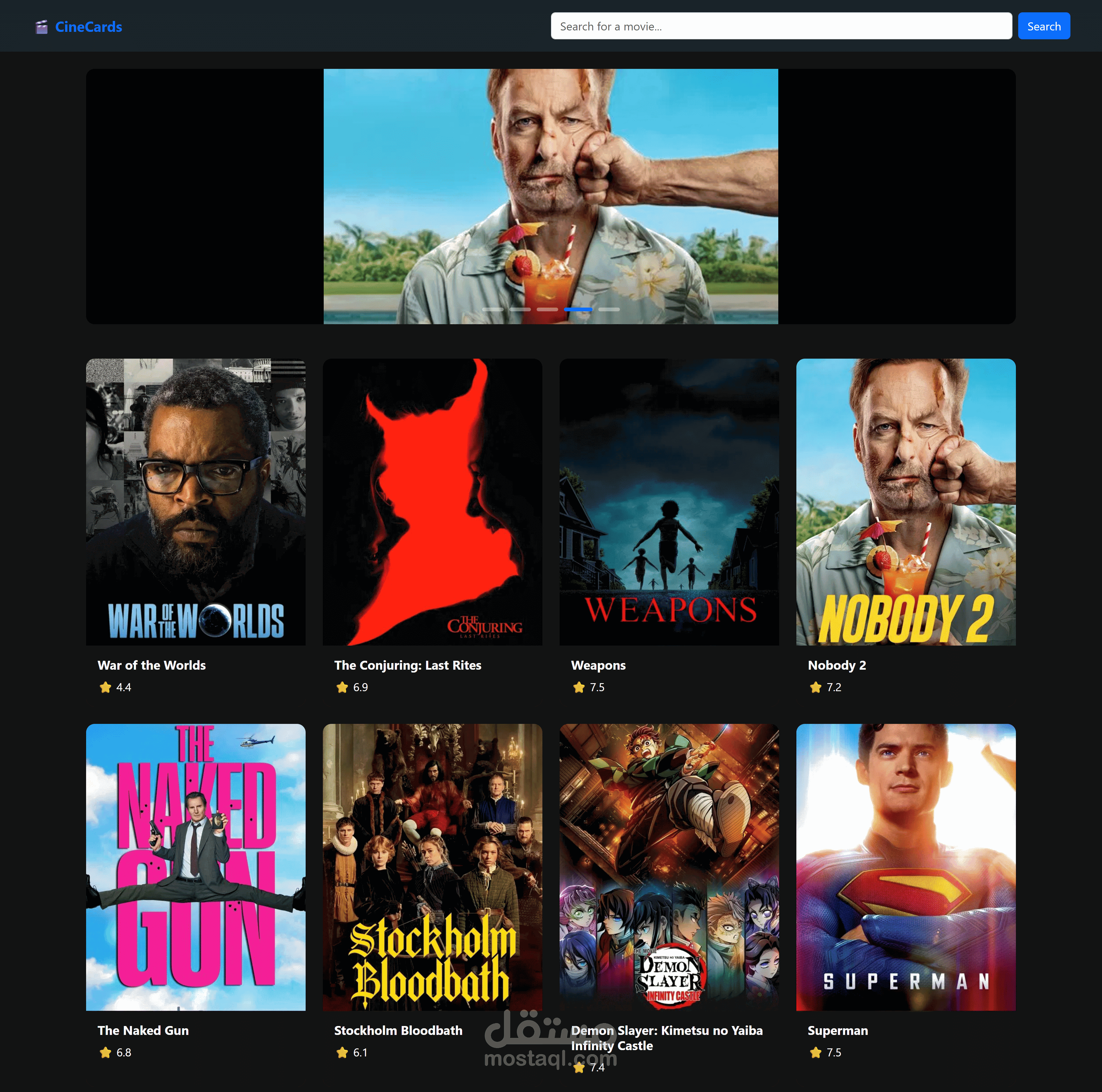موقع أفلام ديناميكي – سلايدر متحرك وبحث تفاعلي باستخدام API