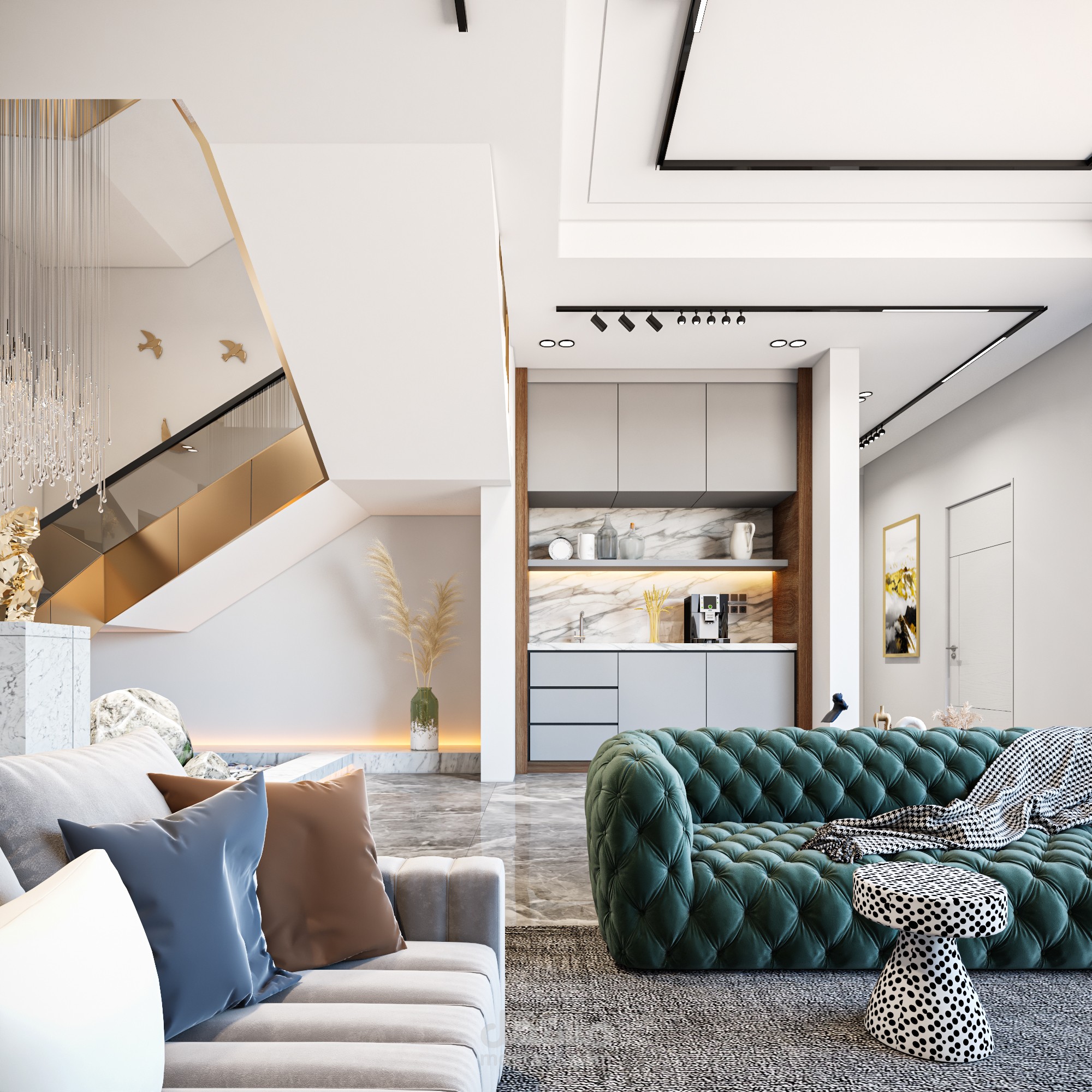 تصميم - داخلي معيشة ومنطقة الدرج ومدخل فيلا