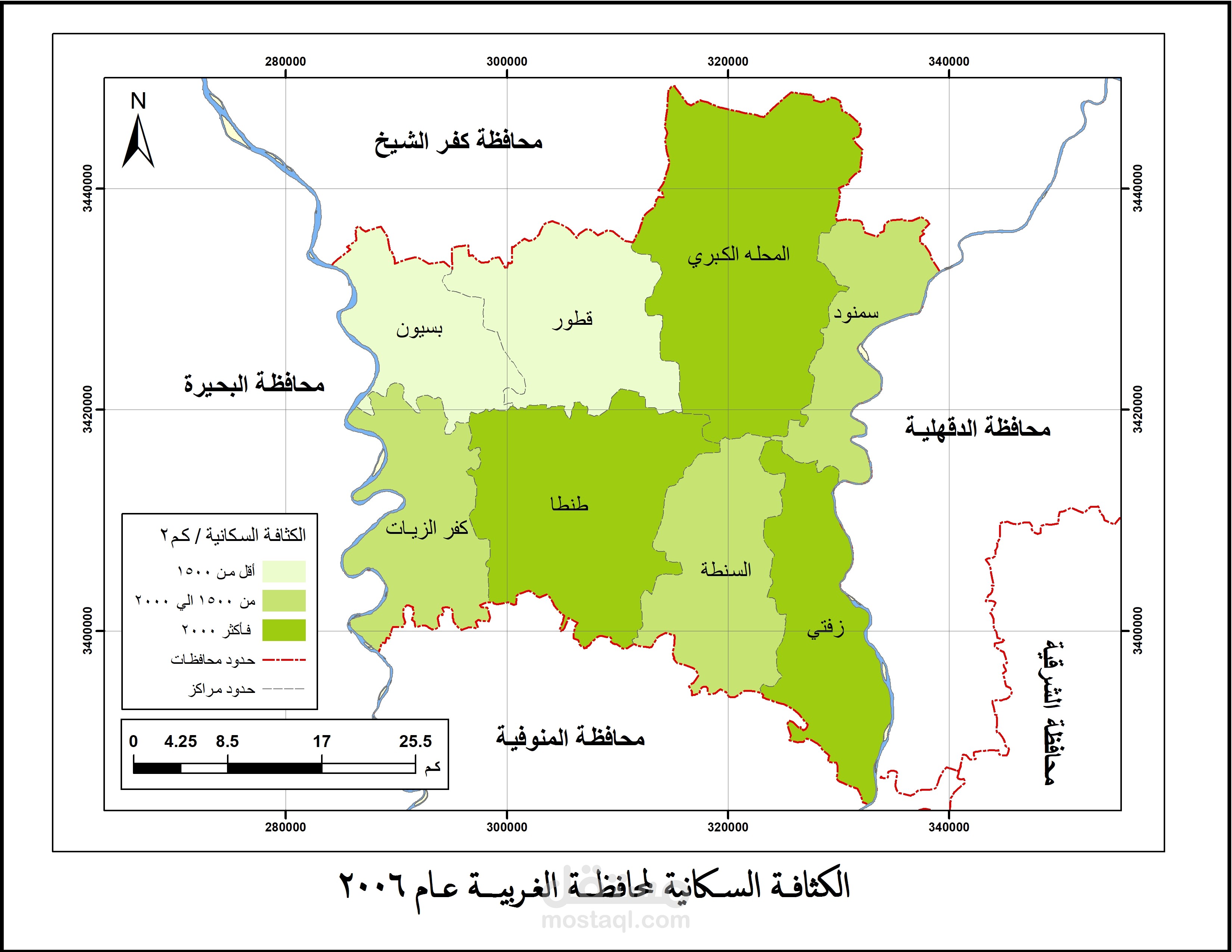 خريطة الكثافة السكانية لمحافظة الغربية - مصر