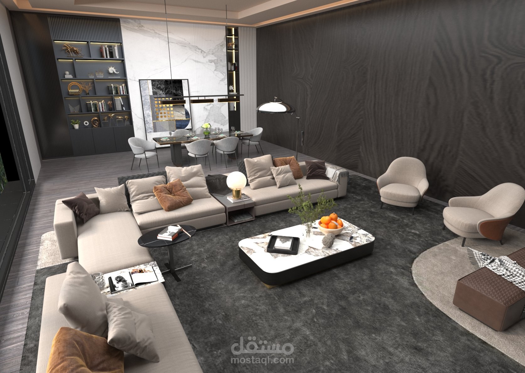 تصميم غرفة معيشة مع ركن طعام لشقة في امارة دبي منطقة المارينا