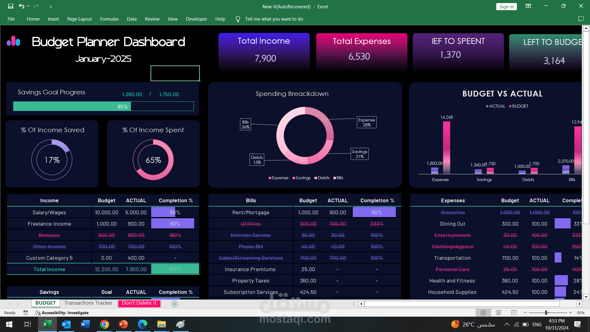 نموذج Excel لإدارة الميزانية وتتبع المصروفات الشهرية
