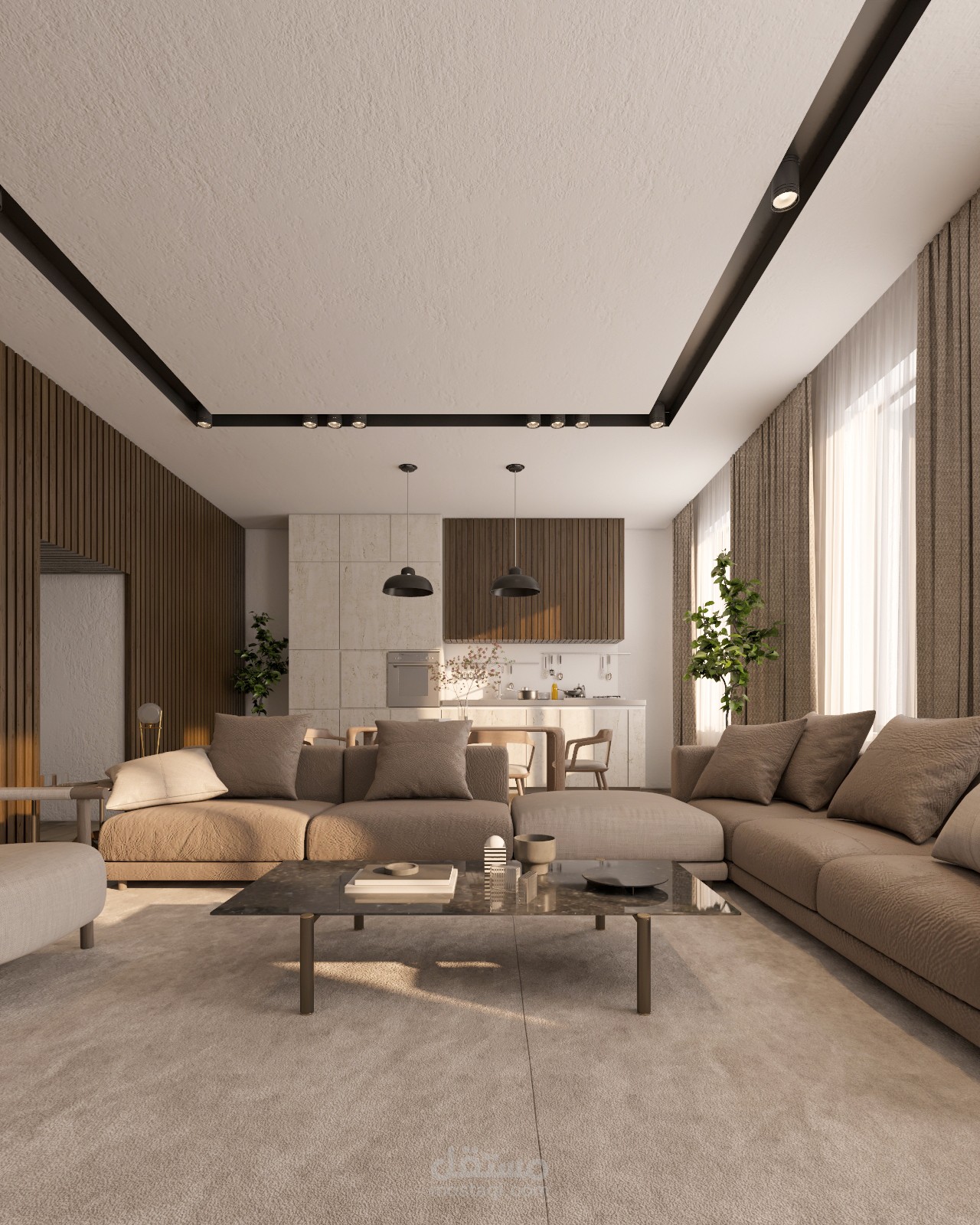 تصميم داخلي (غرفة معيشة ومطبخ مفتوح)