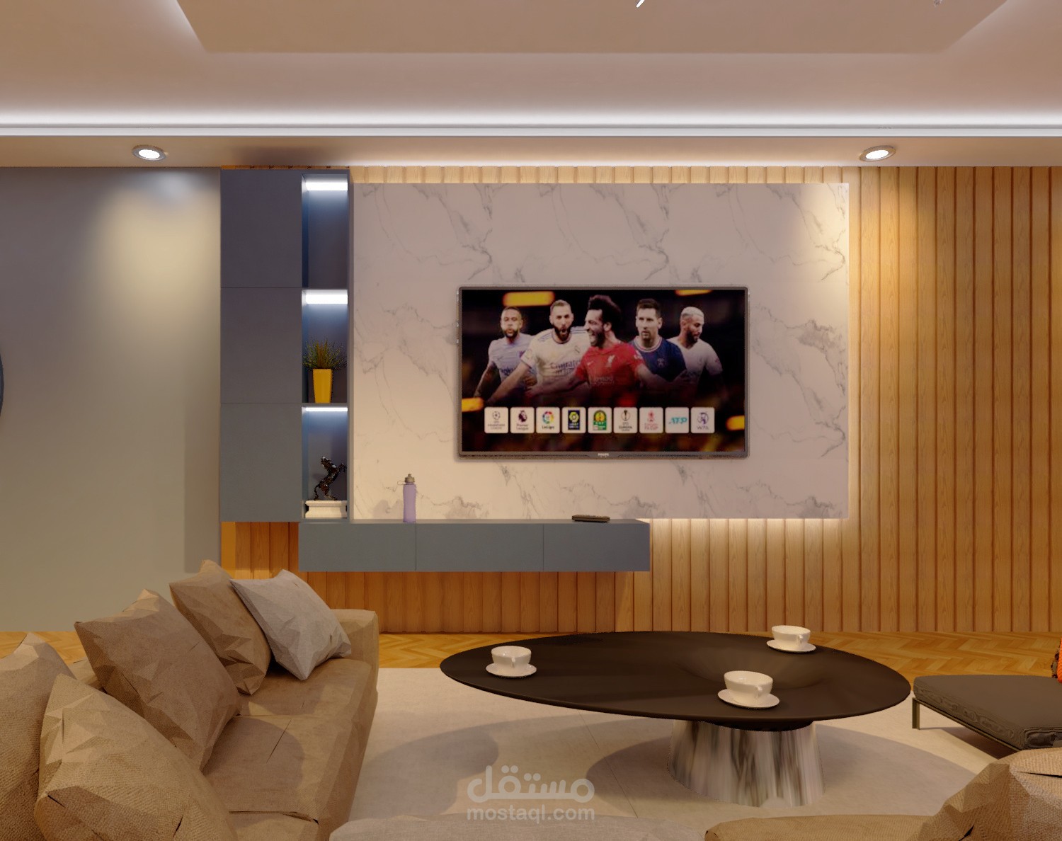 تصميم ديكورات 3D داخليه لصاله معيشه بالرسومات التنفيذيه