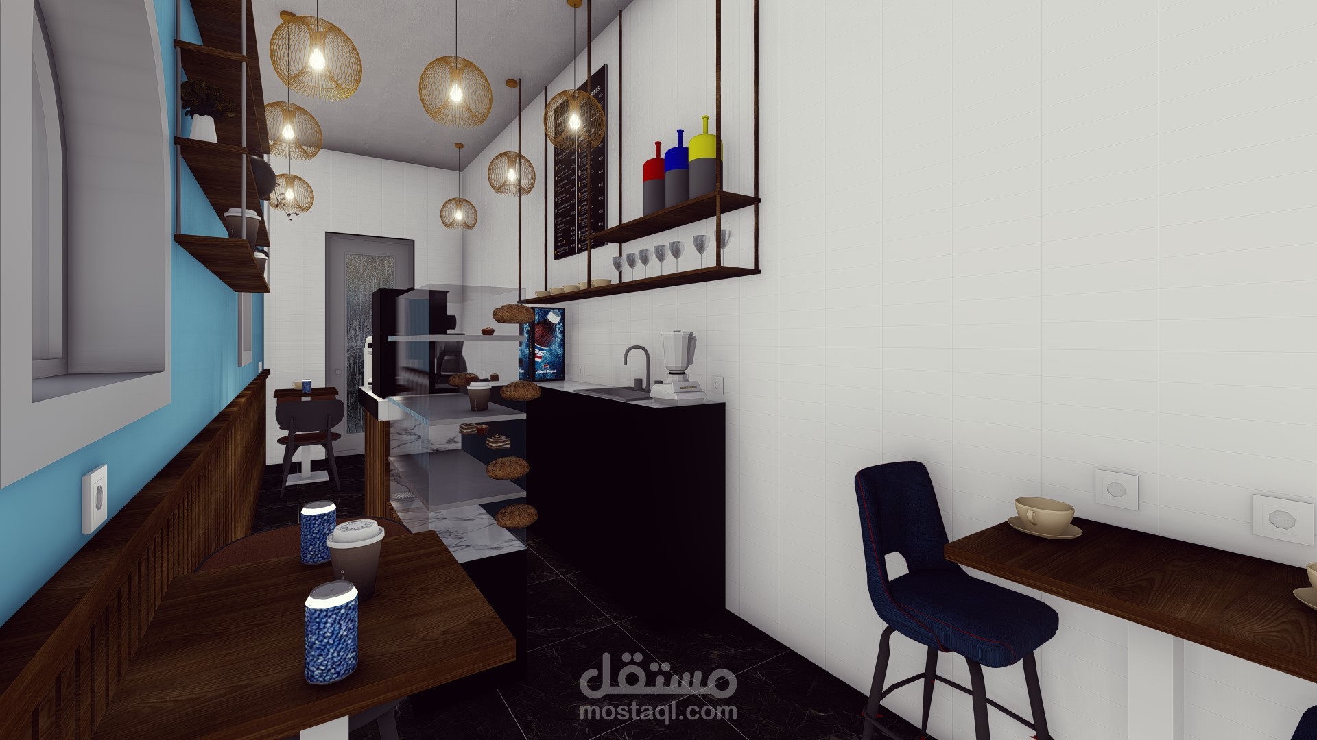 تصميم ديكورات 3D داخليه لكافيه بمساحه صغيره