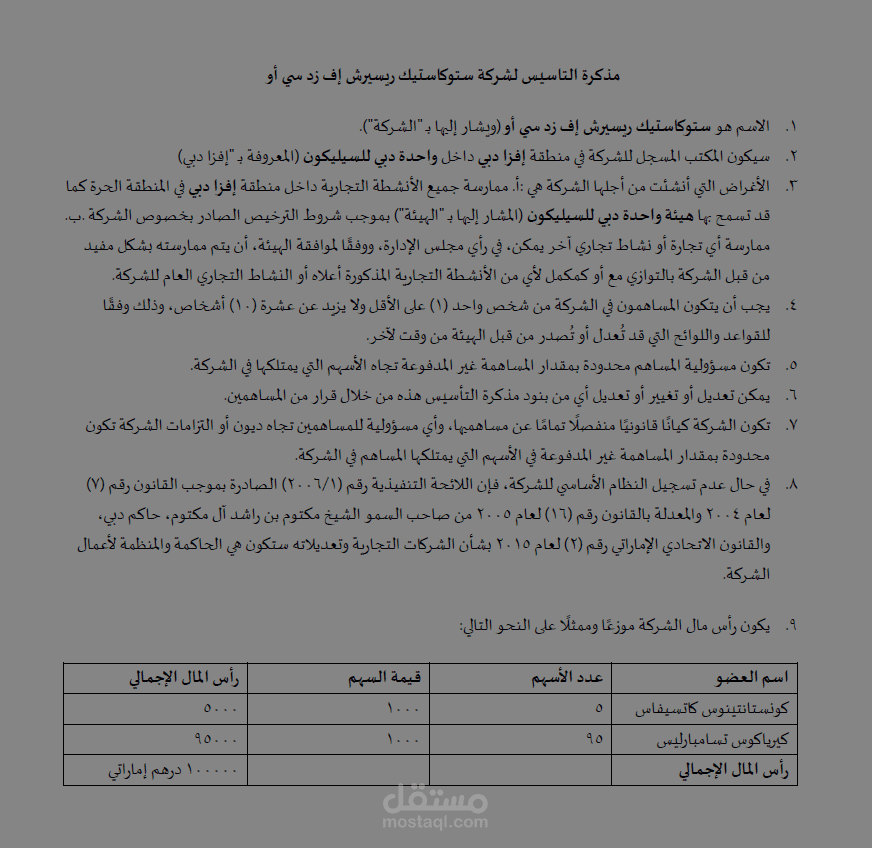 مذكرة التأسيس لشركة STOCHASTIC RESEARCH FZCO