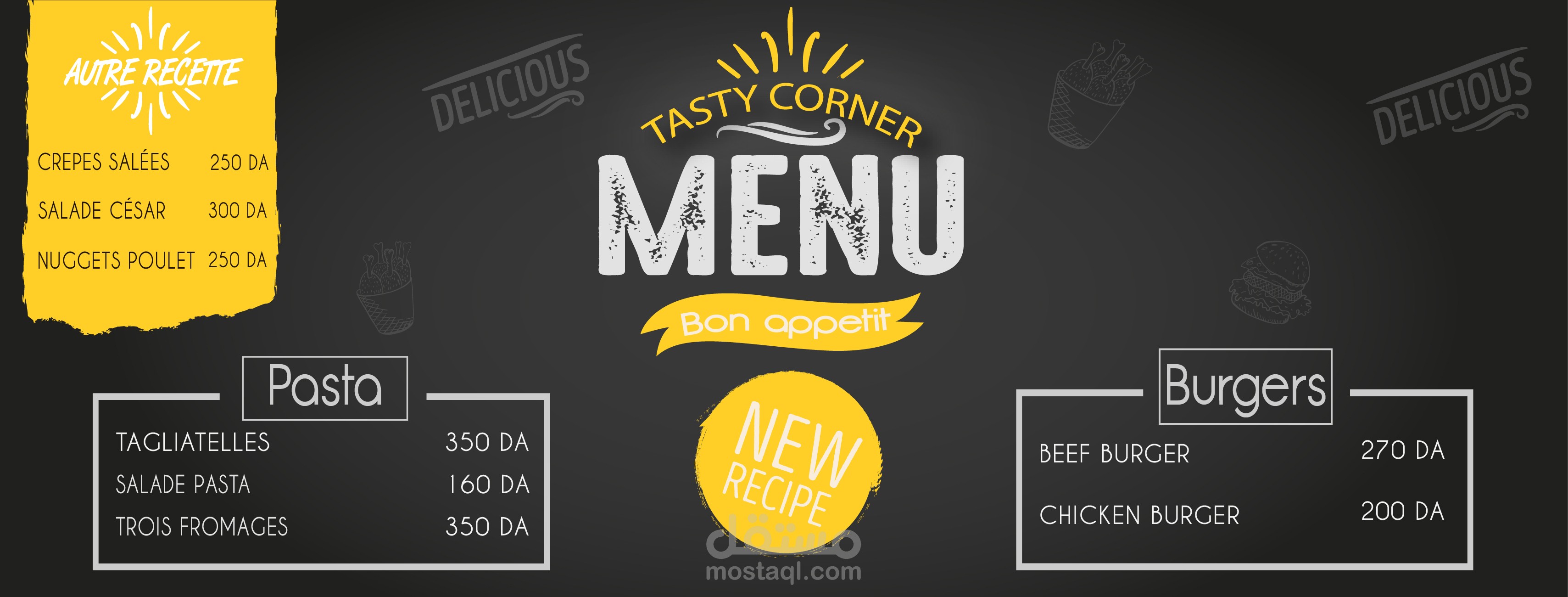 محل يتخصص بالسندويش و الأكل السريع (Tasty Corner)   POSTER + 2 MENU