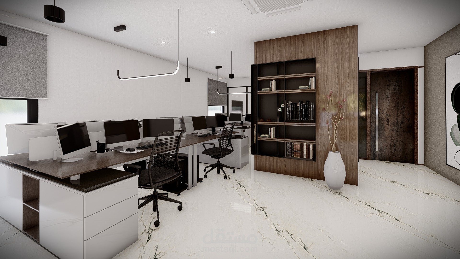 تخطيط وتصميم 3D لمساحة مكاتب مفتوحة