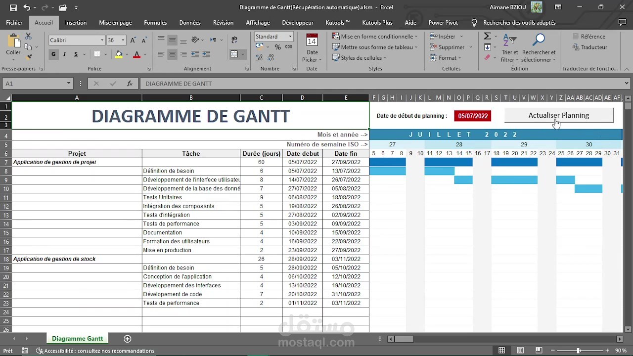 Diagramme de Gantt sur Excel