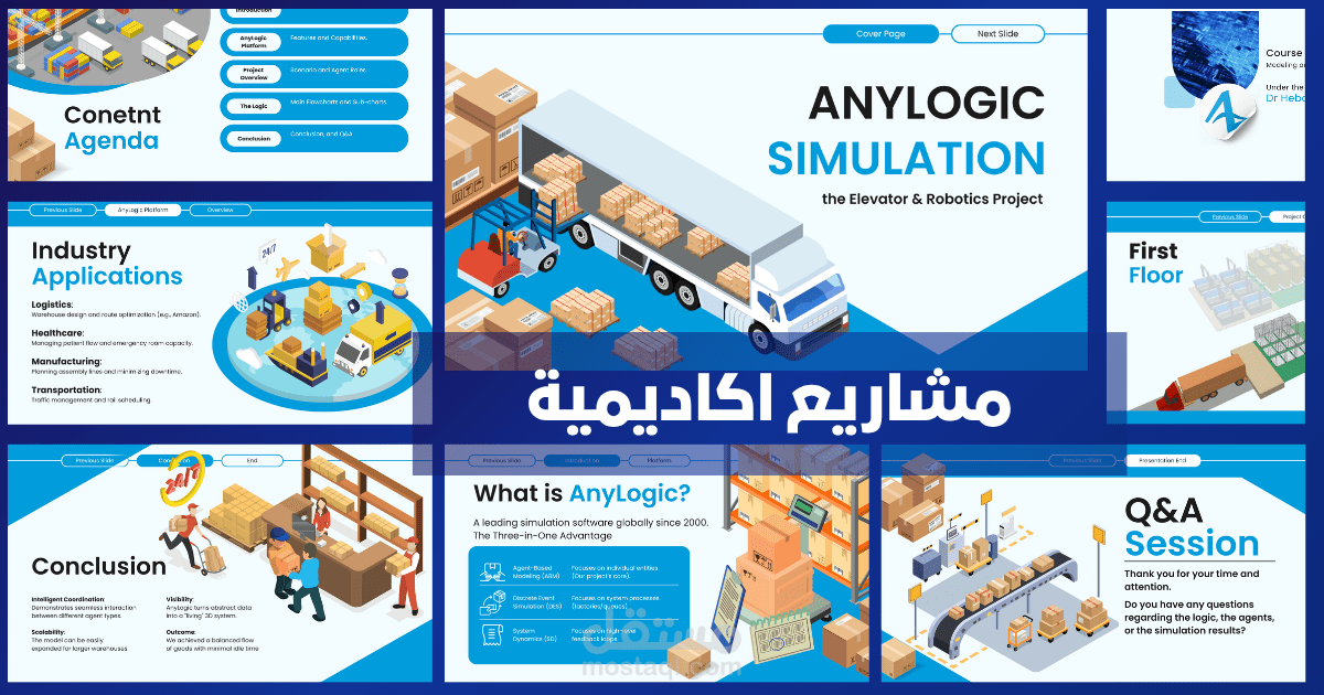 تصميم عرض تقديمي تفاعلي لمشروع محاكاة المصعد والروبوتات باستخدام AnyLogic