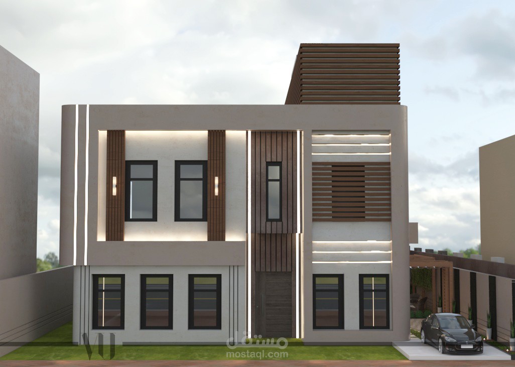 تصميم واجهة فيلا مع السور الخارجي