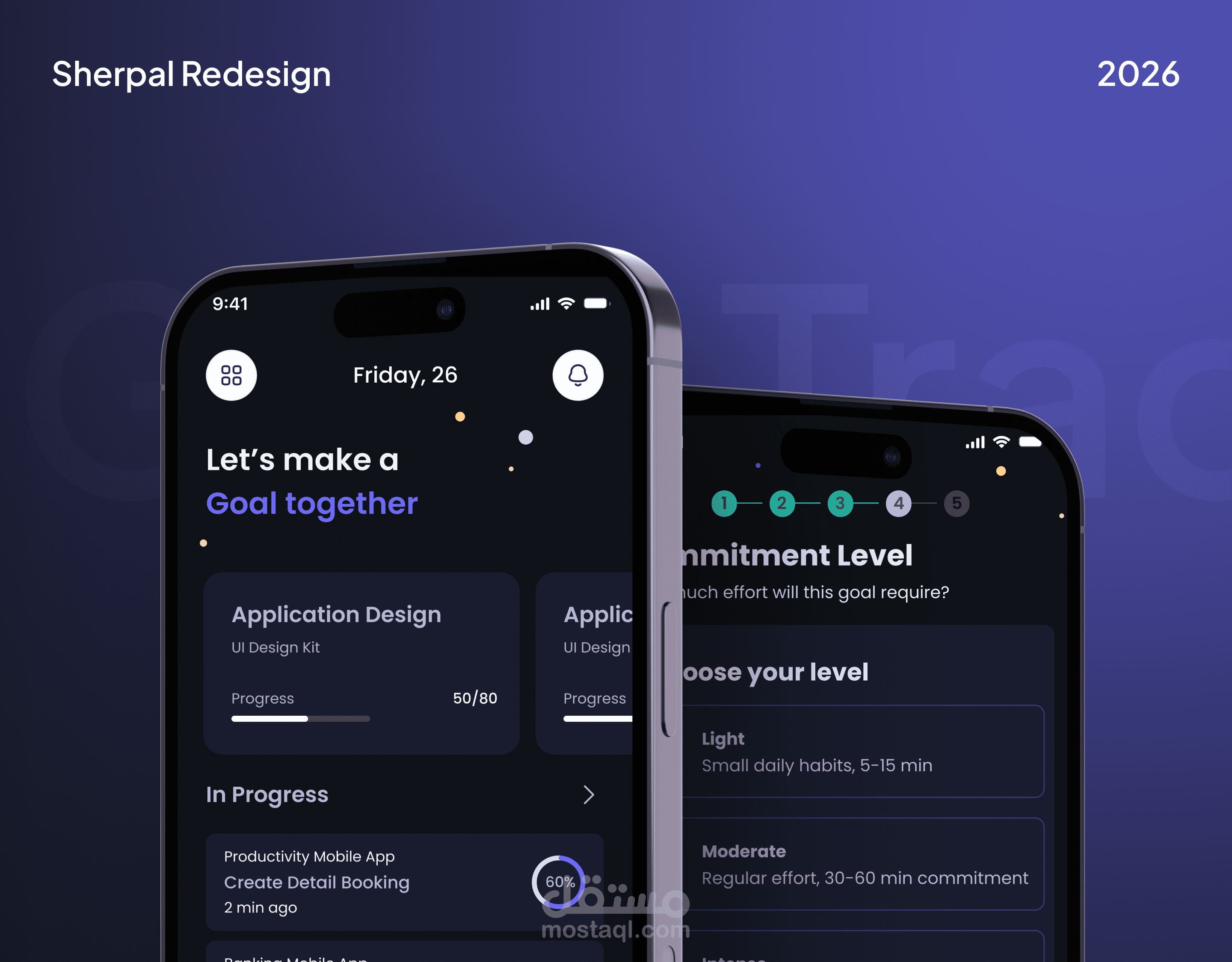 إعادة تصميم تطبيق Sherpal لإدارة الأهداف والإنتاجية (Mobile App UI/UX Redesign)