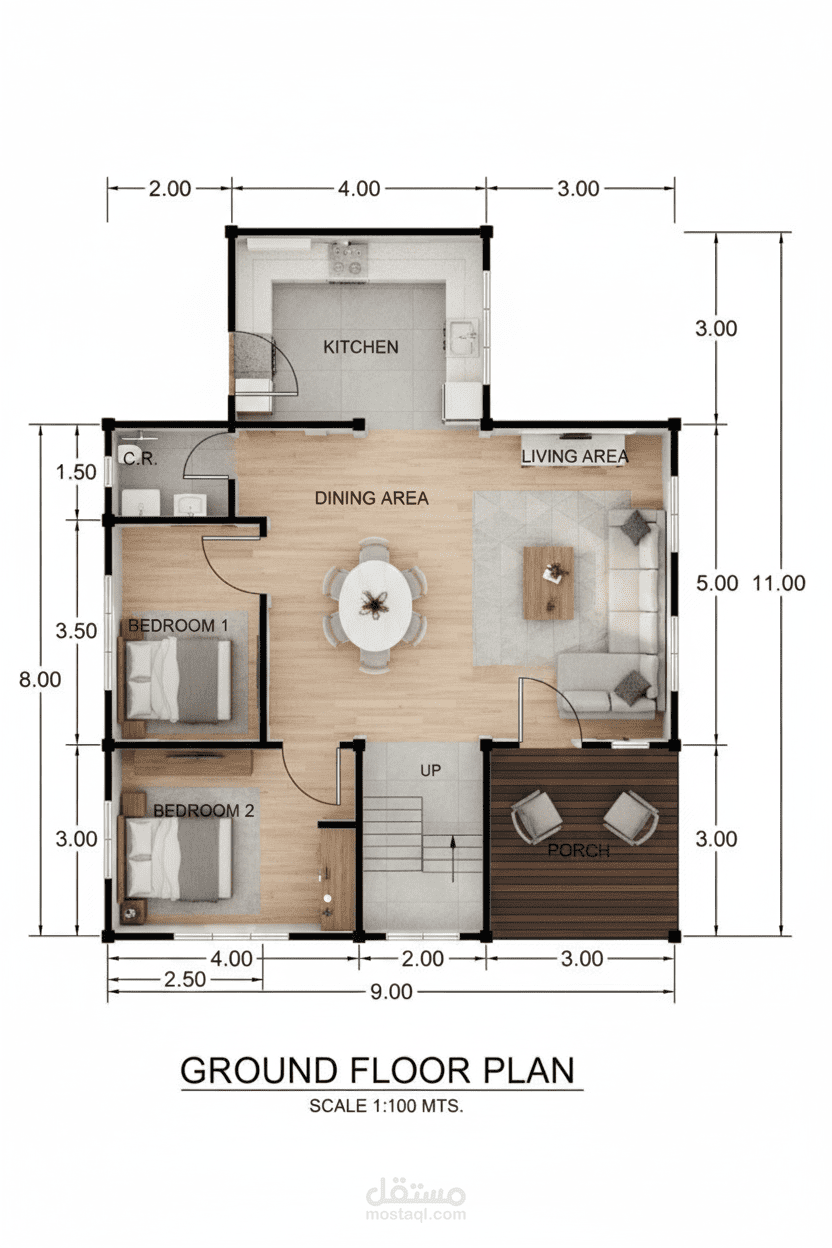 تصميم مخطط طابق أرضي عملي (Ground Floor Plan) | حلول سكنية بسيطة بمساحة متوسطة (11 م × 8 م).