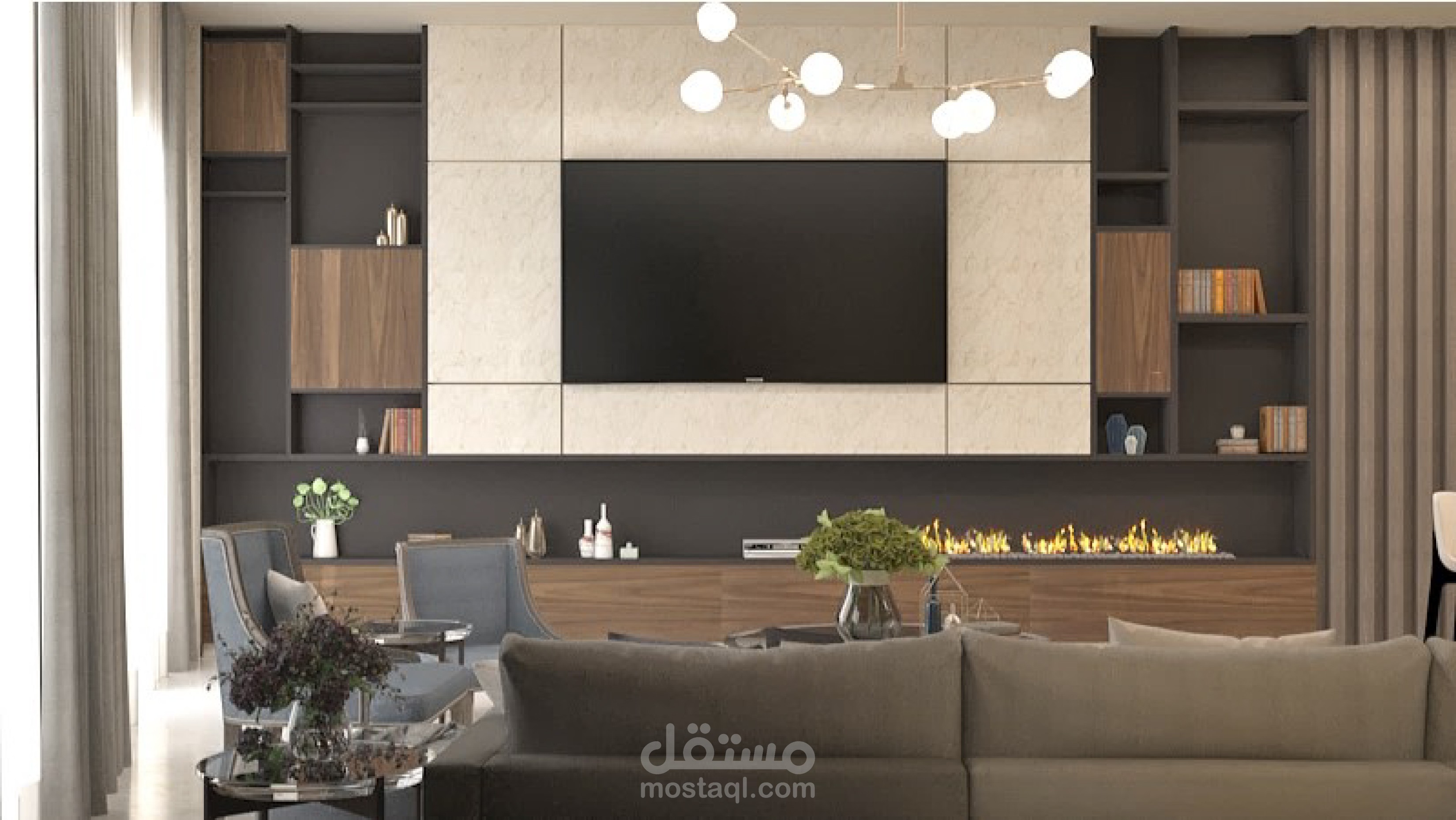 تصميم وإظهار فراغ معيشة وطعام مع مطبخ أمريكي