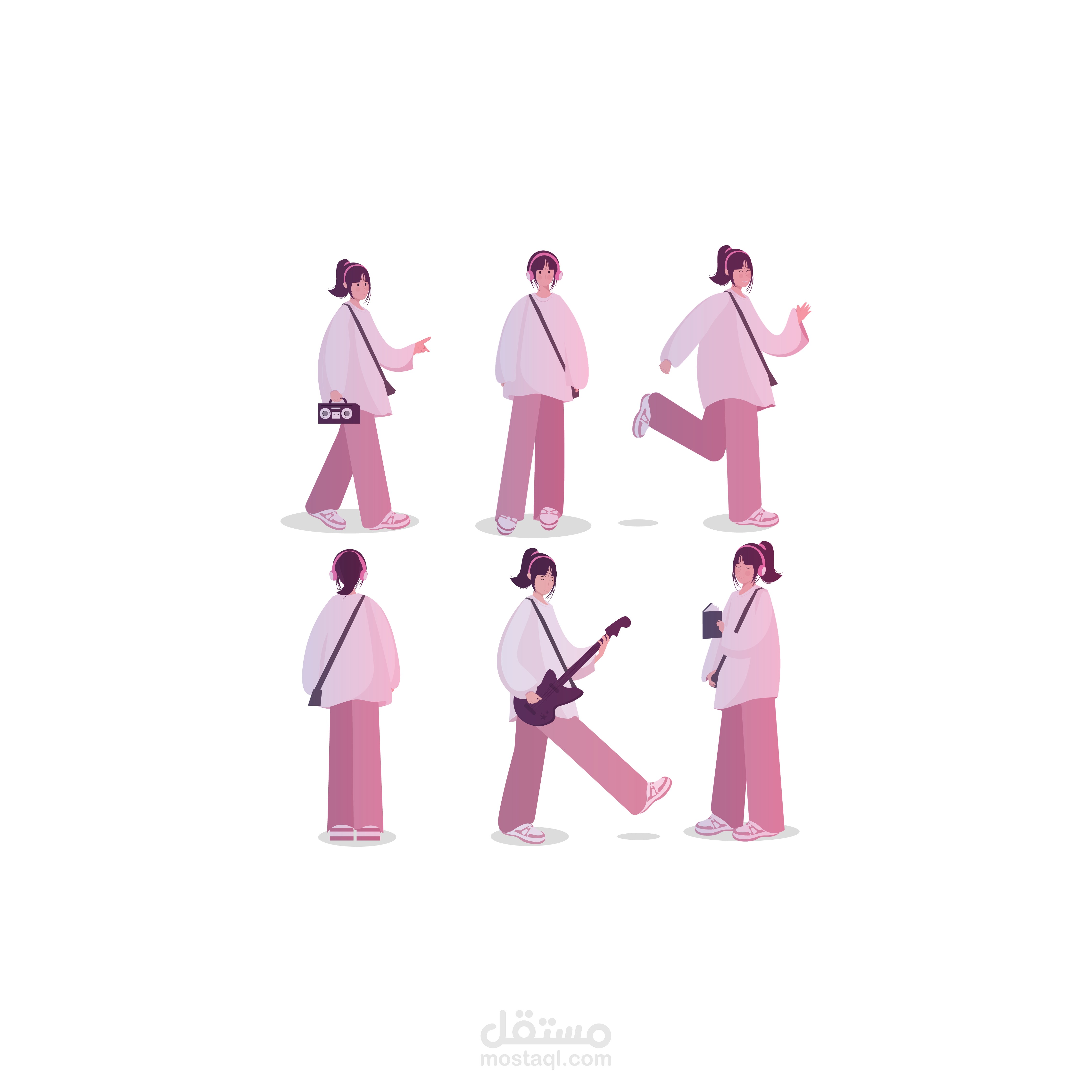 رسم شخصية كرتونية بوضعيات وتعابير وجه مختلفة