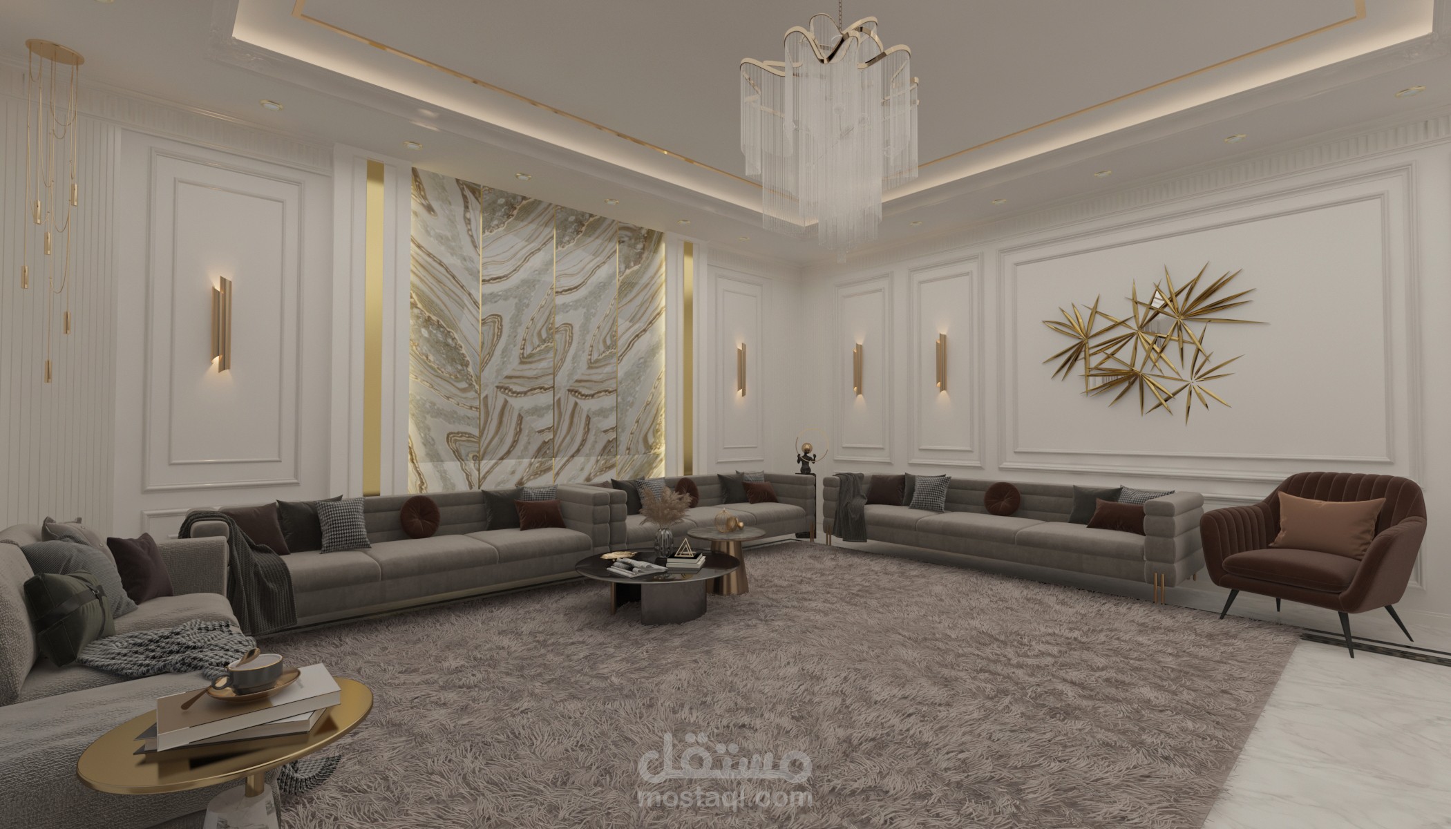 تصميم صالة معيشه نيو كلاسيك لعميل بالمملكة العربية السعودية