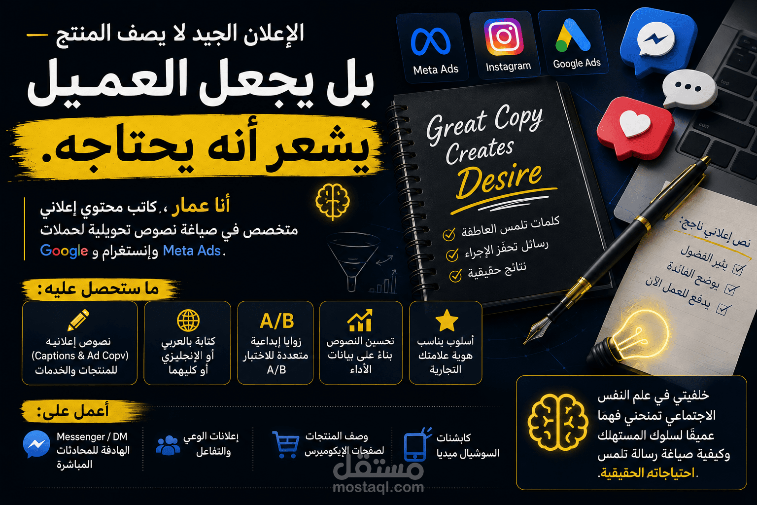 سأكتب لك نصوصًا إعلانية بالعربي والإنجليزي تجذب الانتباه وتحوّل المشاهد إلى مشترٍ