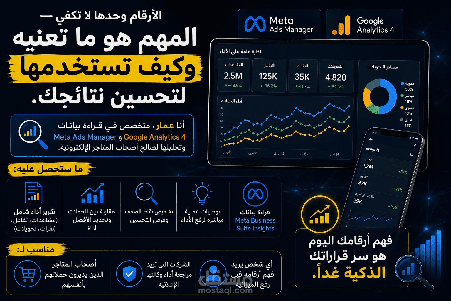 سأحلل أداء حملاتك الإعلانية وأقدم لك تقريرًا واضحًا بالأرقام والتوصيات القابلة للتنفيذ