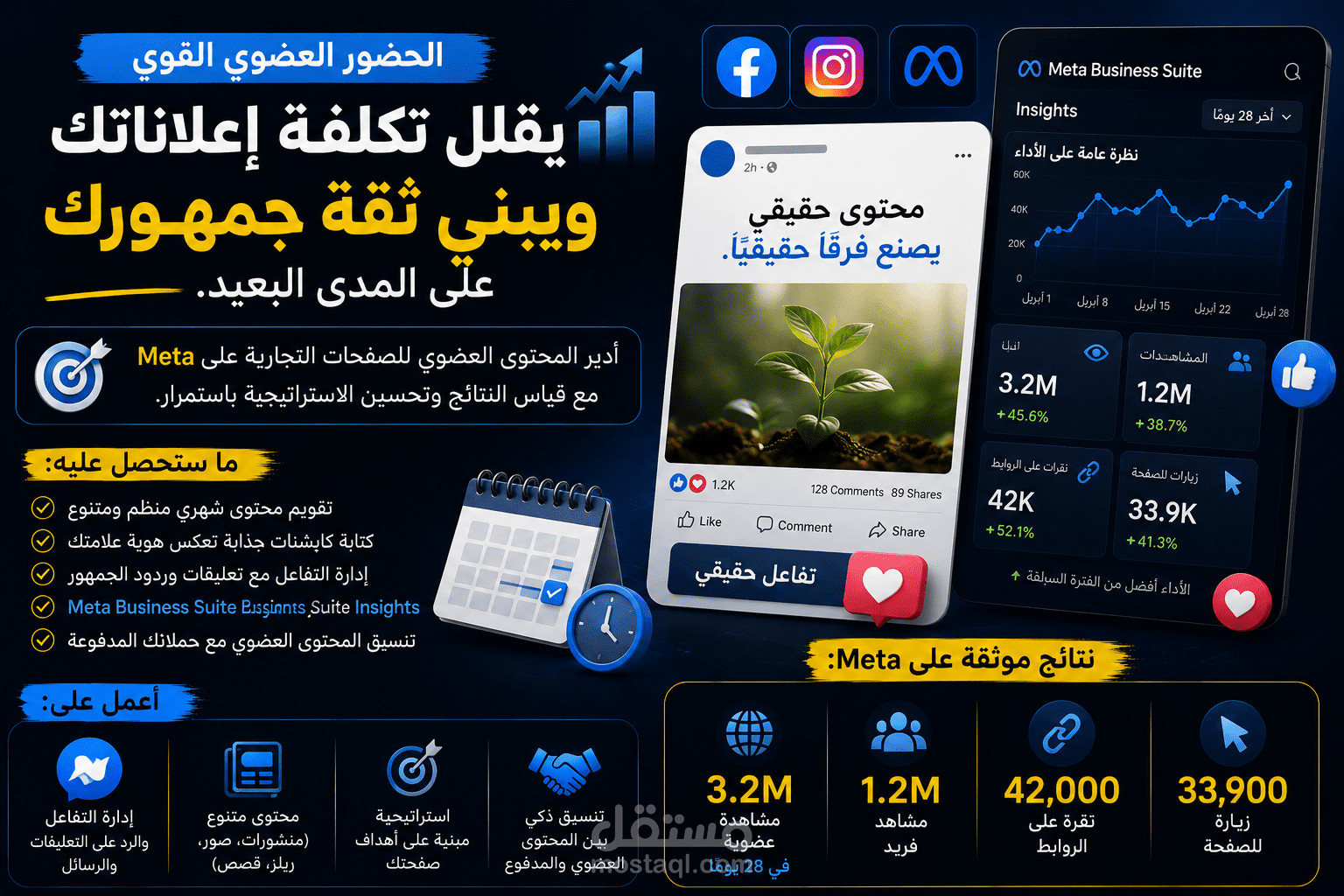 سأدير محتوى صفحتك على فيسبوك وإنستغرام وأنمّيها بمحتوى يجذب الجمهور ويزيد التفاعل