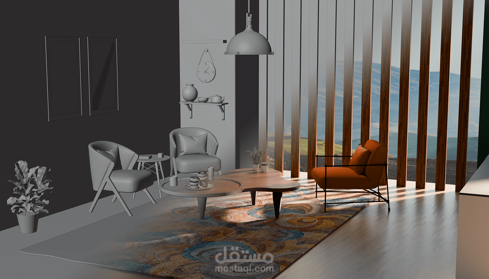 تصميم و انيميشن ثلاثي الأبعاد لغرفة معيشة
