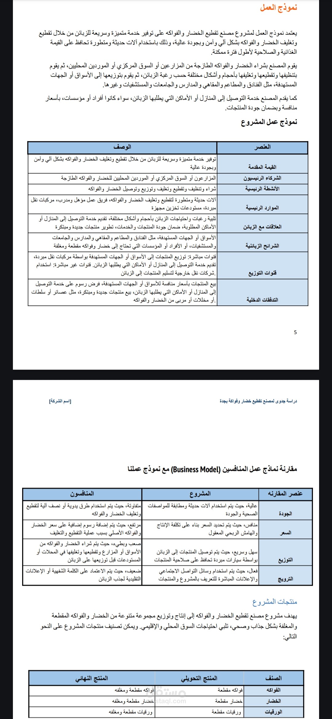 نموذج عمل المشروع والمقارنة مع المنافسين
