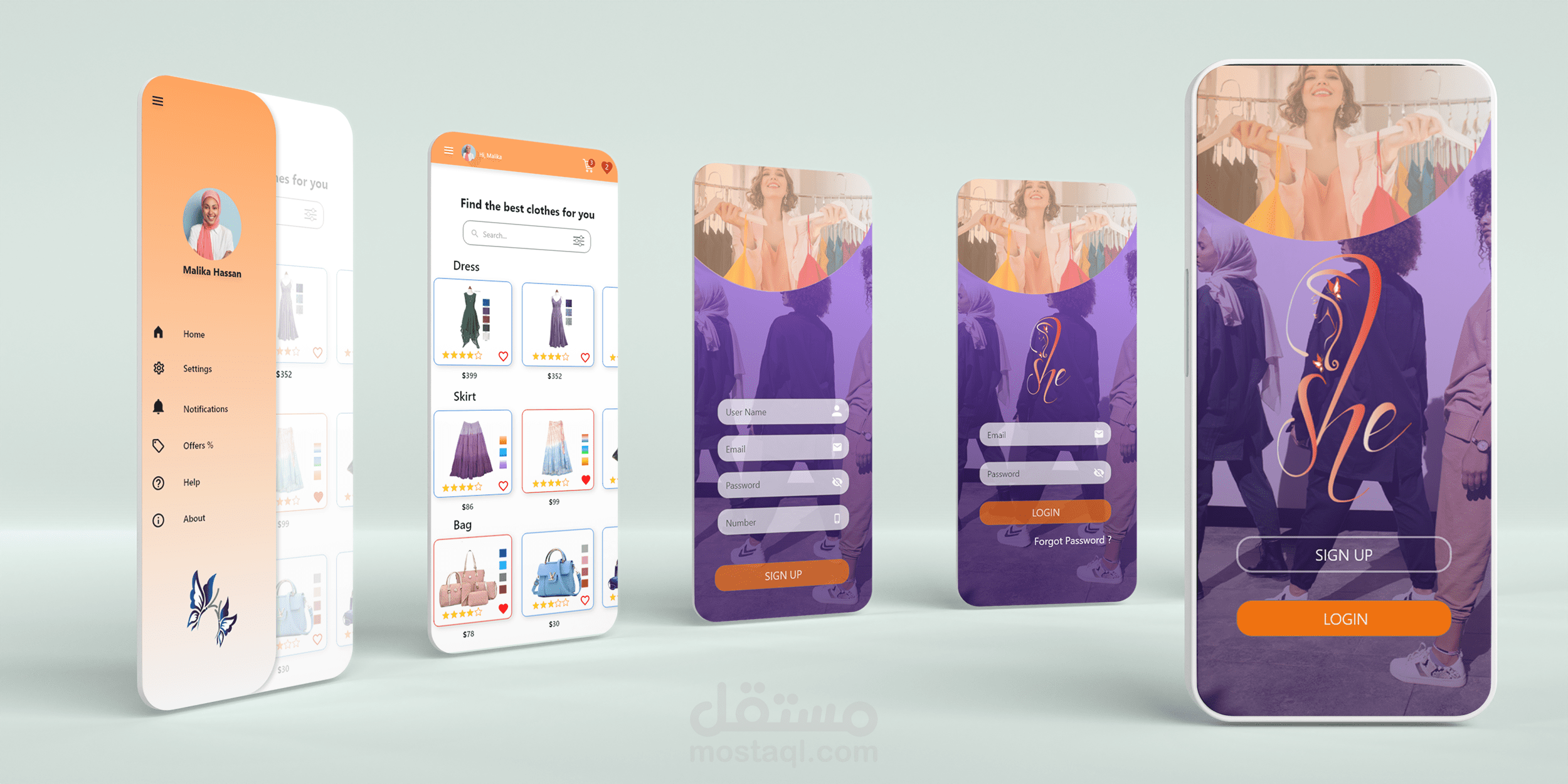 هوية بصرية كاملة لـShe  و تصميم موبايل أبليكيشن و بوستات سوشيال ميديا