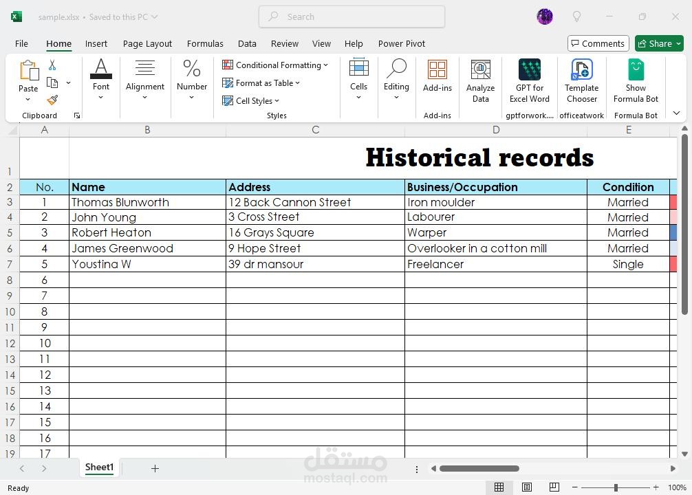 Historical records transcribed from pdf to excel