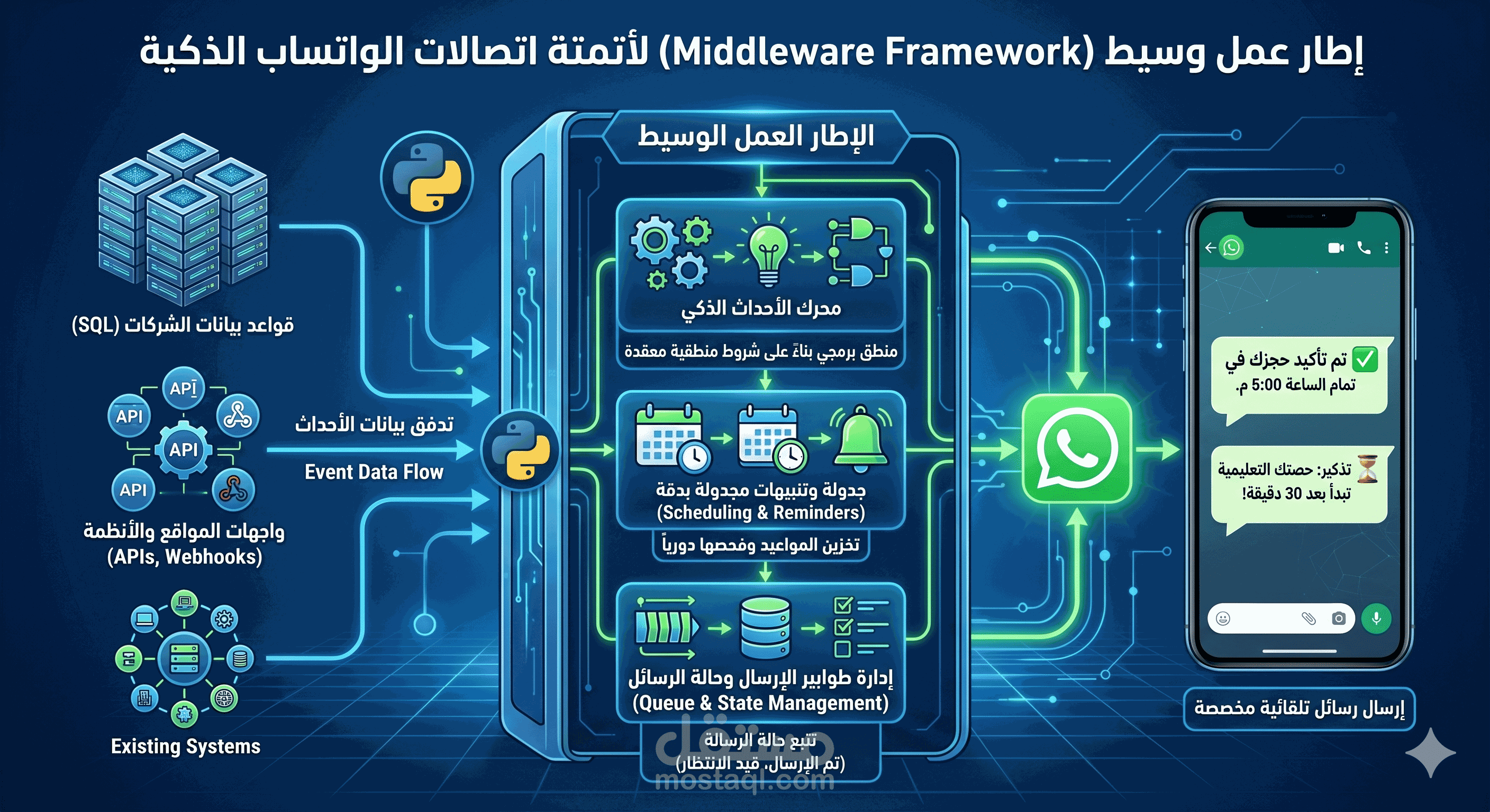 تطوير إطار عمل وسيط (Middleware Framework) لأتمتة اتصالات الواتساب الذكية