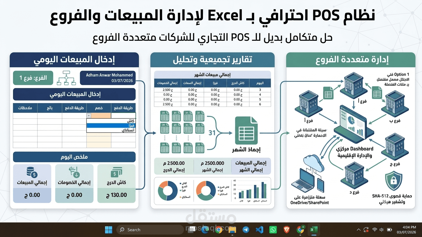 نظام إدارة مبيعات متكامل (POS) ومتابعة الفروع بـ Excel المتقدم