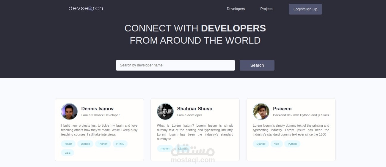برمجة و تطوير موقع devsearch باستخدام اطار العمل Python Django لصالح شركة سعودية حيث يعمل هذا الموقع كمتلقى اجتماعي للمطورين و المبرمجين