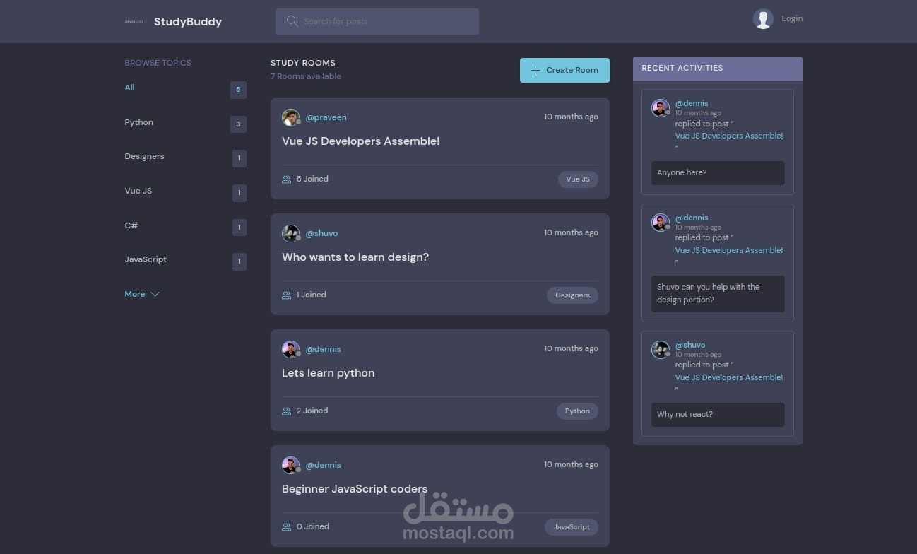 برمجة و تطوير موقع studybuddy باستخدام اطار العمل Python Django
